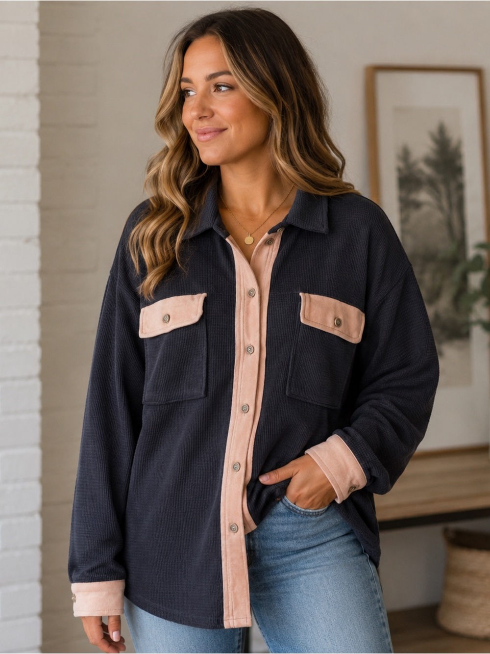 SHEIN Navy Button-Up Waffle Knit Shacket